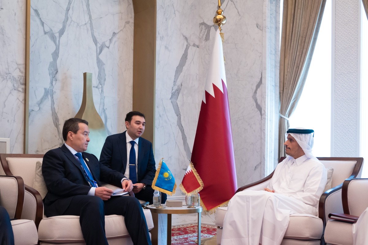 Prime Minister and Minister of Foreign Affairs H E Sheikh Mohammed bin Abdulrahman bin Jassim Al Thani meeting Prime Minister of Kazakhstan H E Alikhan Smailov  and Prime Minister of Bangladesh H E Sheikh Hasina Wazed (below) on the sidelines of Qatar Economic Forum yesterday. 