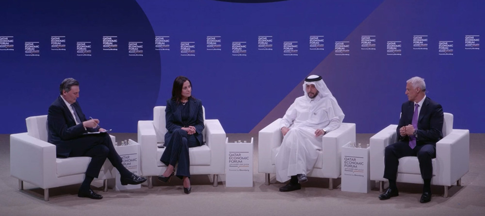 Qatar Investment Authority CEO, H E Mansour Al Mahmoud (second right) with other officials during the panel discussion, yesterday.