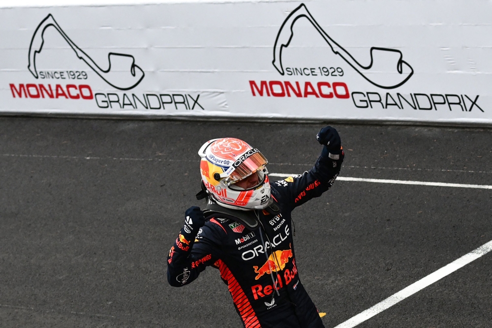 Red Bull Racing's Dutch driver Max Verstappen celebrates in the parc ferme after winning the Formula One Monaco Grand Prix at the Monaco street circuit in Monaco, on May 28, 2023. (Photo by Jeff Pachoud / AFP)
