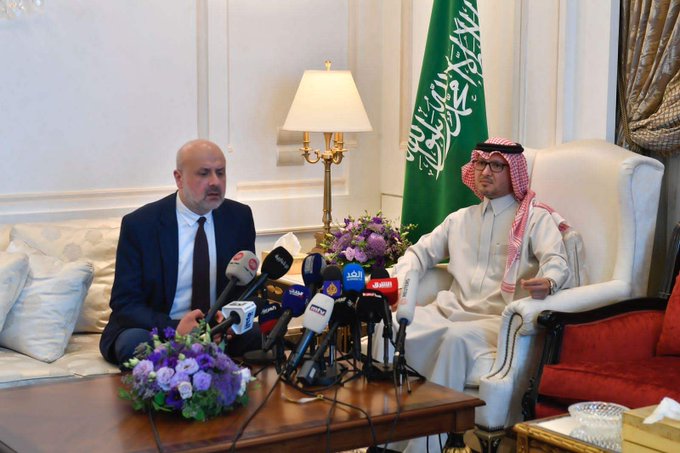 Lebanese Interior Minister of the Caretaker Government Bassam Mawlawi (left) and Saudi Ambassador to Lebanon Walid Bukhari 