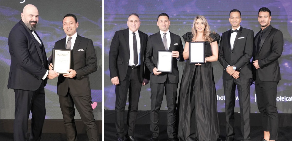 Sherif Kasseb receiving the 'General Manager of the Year' award. RIGHT: Rixos Gulf Hotel Doha team with the 'Highly Recommended Resort of the Year' award at Leaders in Hospitality 2023 Awards.