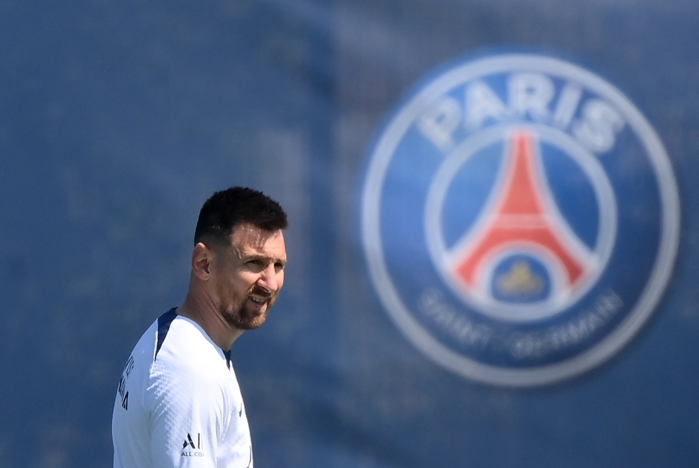 Paris Saint-Germain's Argentinian forward Lionel Messi reacts during a training session at club's training ground in Saint-Germain-en-Laye, west of Paris on June 1, 2023, two days prior to the L1 football match against Clermont. (Photo by Franck Fife / AFP)