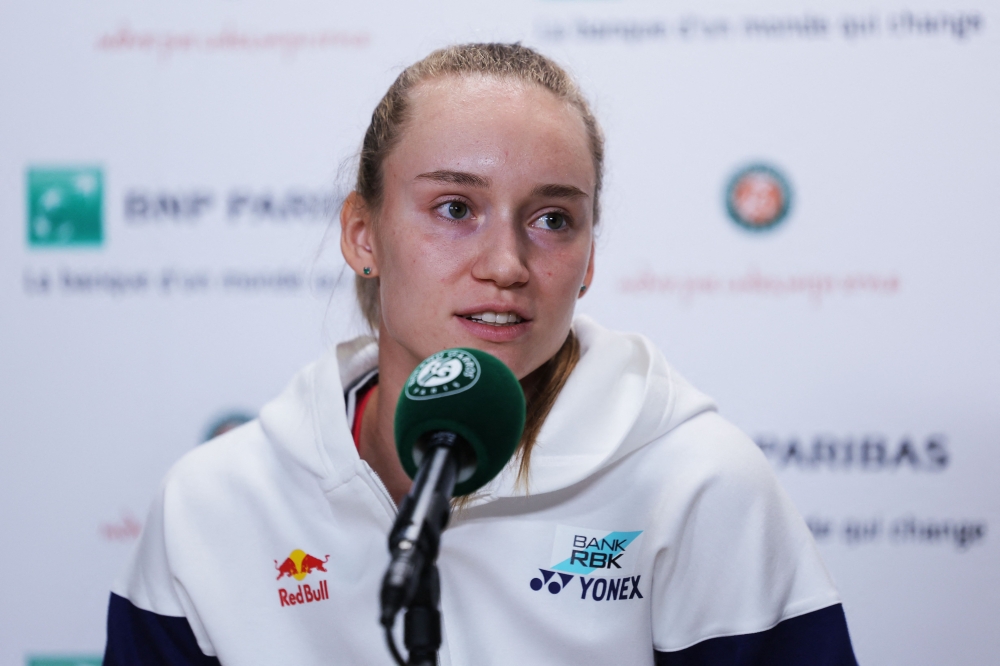 Kazakhstan's Elena Rybakina addresses a press conference on day seven of the Roland-Garros Open tennis tournament in Paris on June 3, 2023. (Photo by Thomas Samson / AFP)
