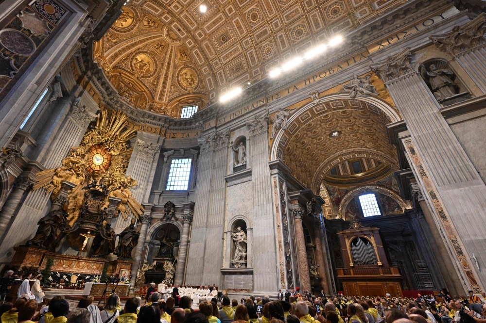Pope Francis (Rear C-L) holds an audience to pilgrims from Concesio and Sotto il Monte, on June 3, 2023 at St. Peter's basilica in The Vatican. (Photo by Tiziana FABI / AFP)