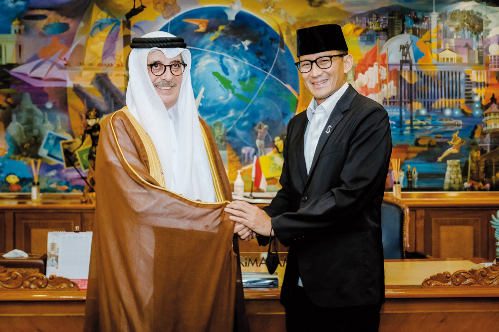 Minister of State and President of Qatar National Library H E Dr. Hamad bin Abdulaziz Al Kawari meeting with Indonesia Minister of Tourism and Creative Economy Sandiaga Uno.