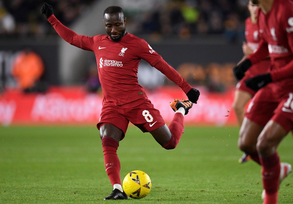 In this file photo Liverpool's Guinean midfielder Naby Keita kicks the ball during the FA Cup third round football match between Wolverhampton Wanderers and Liverpool FC at the Molineux stadium in Wolverhampton, central England on January 17, 2023. Photo by Oli SCARFF / AFP