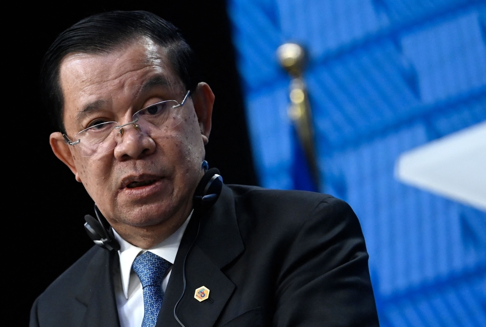 Cambodian Prime Minister Hun Sen during a press conference at the EU-ASEAN (Association of Southeast Asian Nations) summit at the European Council headquarters in Brussels on December 14, 2022. (Photo by John Thys / AFP)