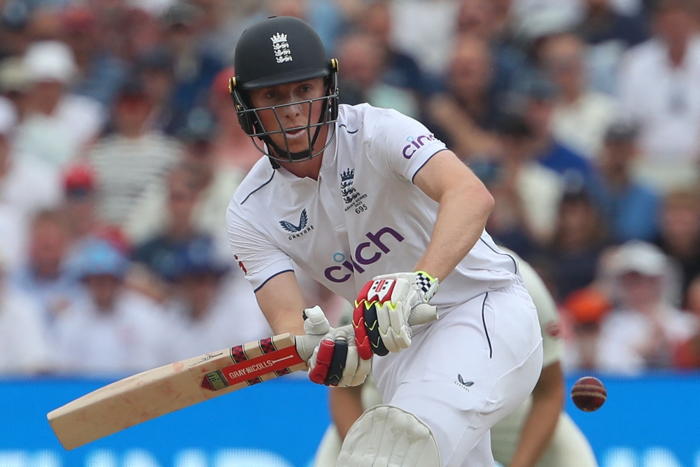 England's Zak Crawley plays a shot on day three of the first Ashes cricket Test match between England and Australia at Edgbaston in Birmingham, central England on June 18, 2023. (Photo by Geoff Caddick / AFP)