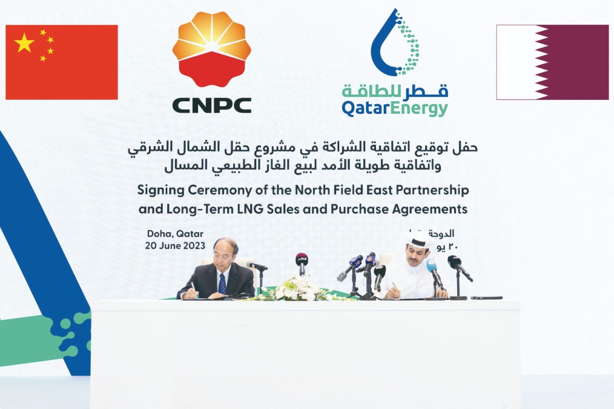 Minister of State for Energy Affairs and the President and CEO of QatarEnergy H E Saad Sherida Al Kaabi and the Chairman of CNPC, Dai Houliang during the signing ceremony