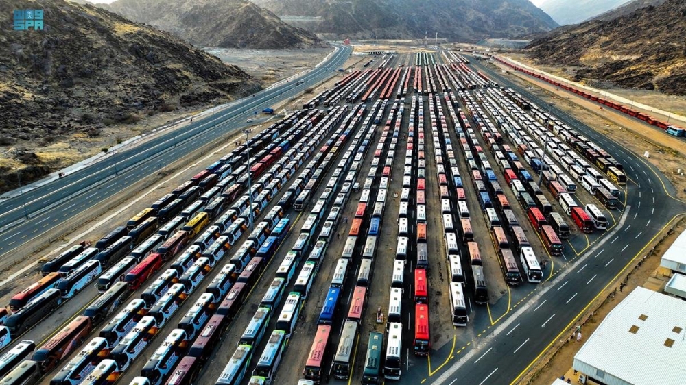 A handout picture provided by the Saudi Press Agency (SPA) on June 26, 2023, shows buses which are used to transport pilgrims, parked at a station in the holy city of Mecca, during the annual haj pilgrimage. (Photo by SPA / AFP)