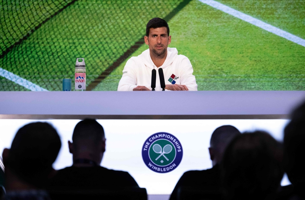 Serbia's Novak Djokovic speaks during a press conference ahead of of the 2023 Wimbledon Championships at The All England Tennis Club in Wimbledon, southwest London, on July 1, 2023. (Photo by Florian Eisele / various sources / AFP)