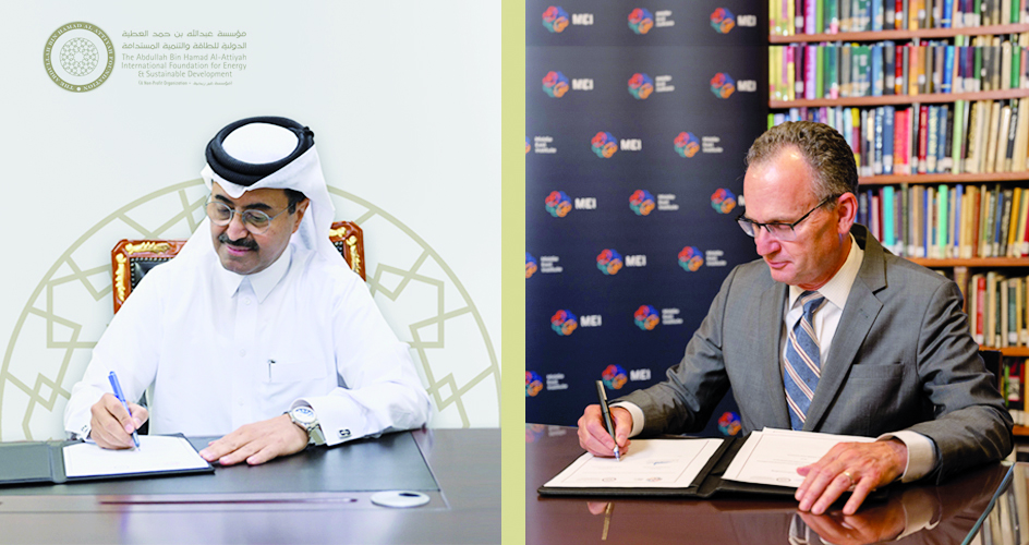 H E Dr. Mohammed bin Saleh Al-Sada, a Member of the Board of Trustees at the Al-Attiyah Foundation, and Paul Salem, President, and CEO of the MEI signing the MoU.