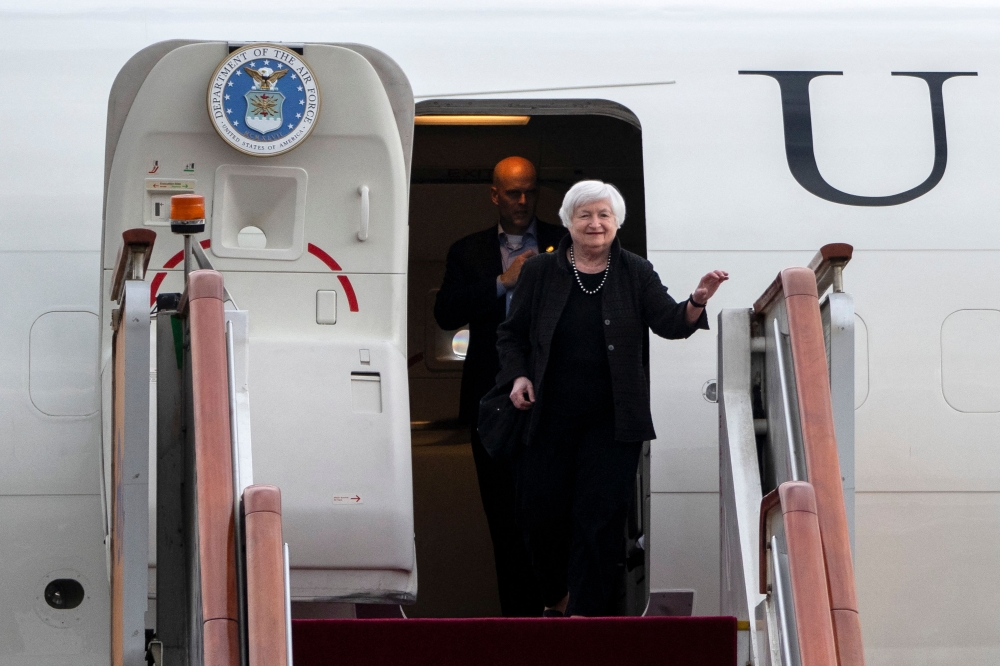 US Treasury Secretary Janet Yellen arrives at Beijing Capital International Airport in Beijing on July 6, 2023.  Photo by Mark Schiefelbein / POOL / AFP