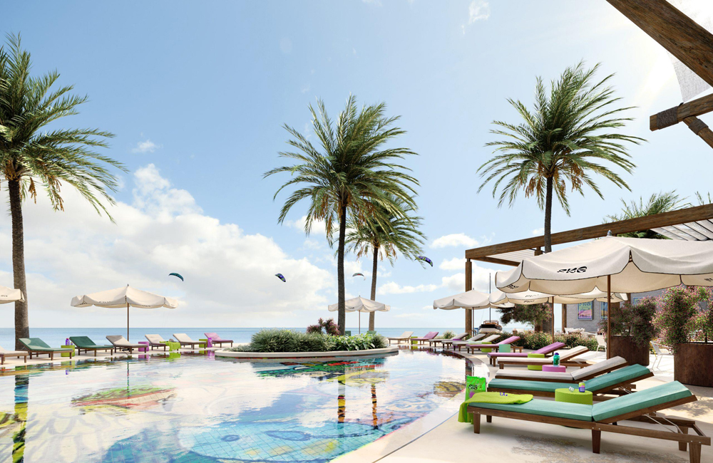 An outdoor terrace at the Fuwairit Kite Beach.