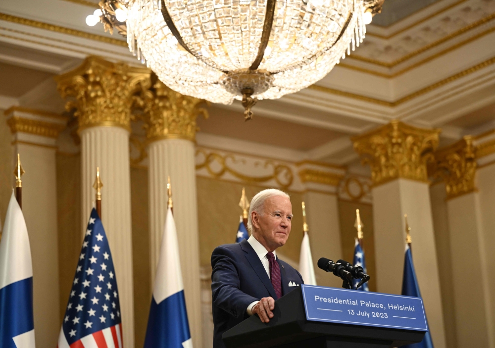 US President Joe Biden addresses a joint press conference with Finland's President after the US-Nordic leaders summit in Helsinki on July 13, 2023. (Photo by ANDREW CABALLERO-REYNOLDS / AFP)