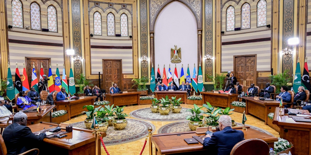 This handout picture released by the Egyptian Presidency shows Egyptian President Abdel Fattah al-Sisi attending a regional summit for neighbouring nations impacted by the three-month war between Sudan's rival generals in Cairo on July 13, 2023, with leaders from Ethiopia, Eritrea, Chad, South Sudan, the Central African Republic, and Libya, and the heads of the African Union and the Arab League. (Photo by EGYPTIAN PRESIDENCY / AFP)