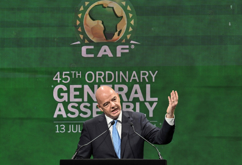 FIFA president Gianni Infantino speaks during the African Confederation of Football (CAF) 45th Ordinary General Assembly in Abidjan in Ivory Coast on July 13, 2023. (Photo by Issouf SANOGO / AFP)