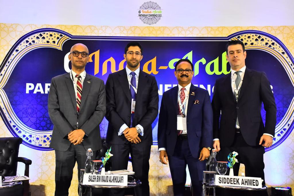 Assistant Undersecretary for Industry and Business Development Affairs at the Ministry of Commerce and Industry, H E Saleh bin Majid Al Khulaifi, with other officials during the 6th India-Arab Partnership Conference.