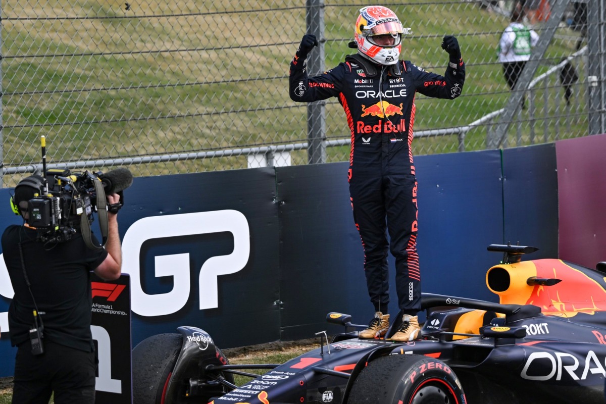 Red Bull Racing's Dutch driver Max Verstappen celebrates after winning the Formula One British Grand Prix at the Silverstone motor racing circuit in Silverstone, central England on July 9, 2023. Photo by ANDREJ ISAKOVIC / AFP
