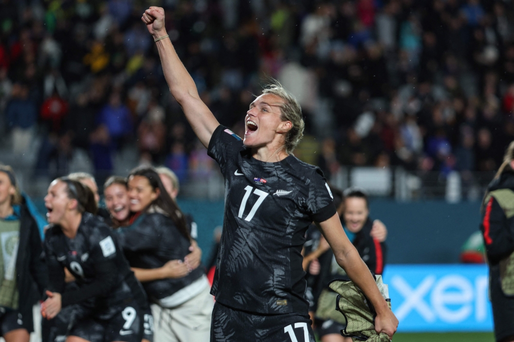 New Zealand's forward #17 Hannah Wilkinson celebrates after her team won the Australia and New Zealand 2023 Women's World Cup Group A football match between New Zealand and Norway at Eden Park in Auckland on July 20, 2023. (Photo by Marty Melville / AFP)