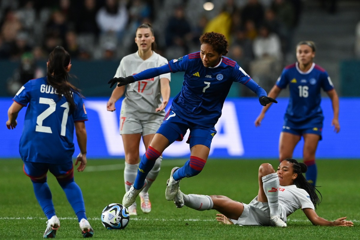 Philippines' forward #07 Sarina Bolden (C) dribbles during the Australia and New Zealand 2023 Women's World Cup Group A football match between the Philippines and Switzerland at Dunedin Stadium in Dunedin on July 21, 2023. Photo by Sanka Vidanagama / AFP