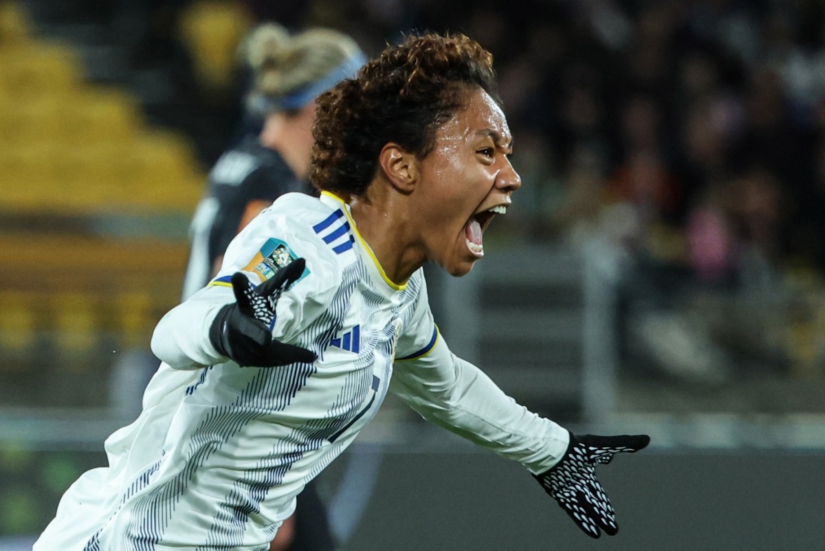 Philippines' forward #07 Sarina Bolden celebrates scoring her team's first goal during the Australia and New Zealand 2023 Women's World Cup Group A football match between New Zealand and the Philippines at Wellington Stadium, also known as Sky Stadium, in Wellington on July 25, 2023. (Photo by Marty MELVILLE / AFP)
