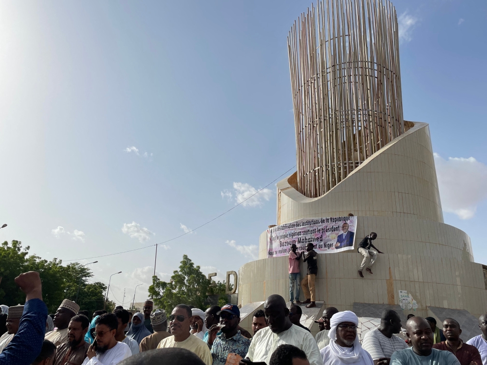 Supporters of Nigerien President Mohamed Bazoum gather to show their support for him in Niamey on July 26, 2023.  (Photo by AFP)
