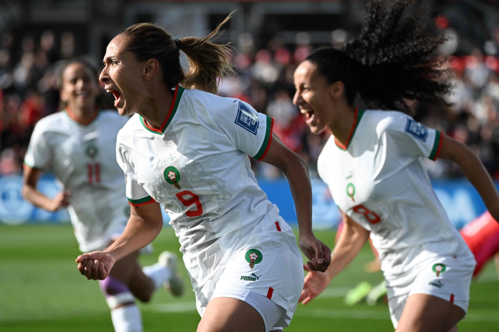 Morocco's forward #09 Ibtissam Jraidi celebrates scoring her team's first goal during the Australia and New Zealand 2023 Women's World Cup Group H football match between South Korea and Morocco at Hindmarsh Stadium in Adelaide on July 30, 2023. (Photo by Brenton EDWARDS / AFP)