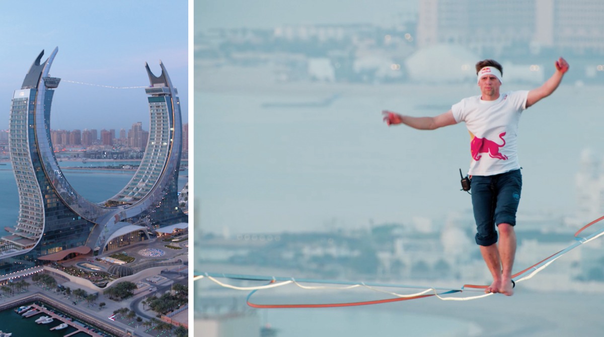 A view of Iconic Towers. RIGHT: Jaan Roose performing LED slackline walk in Qatar.