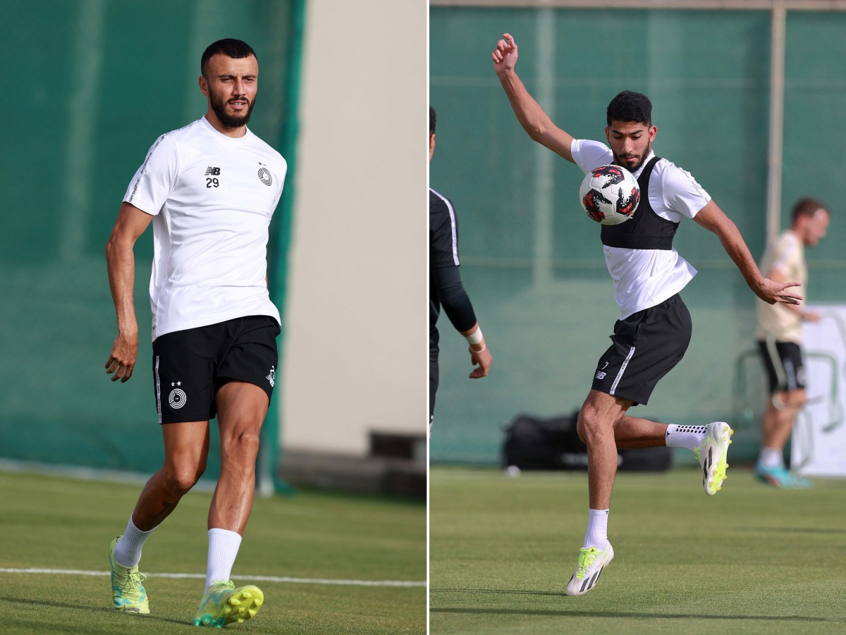 Al Sadd's Romain Saiss (left) and Mohammed Waab in action during a training session.
