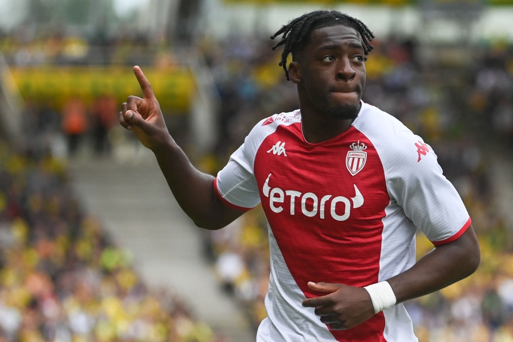 Monaco's French defender Axel Disasi celebrates scoring a goal during the French L1 football match between FC Nantes and AS Monaco FC at the Stade de la Beaujoireouis Fonteneau in Nantes, western France on April 9, 2023. Photo by Sebastien SALOM-GOMIS / AFP