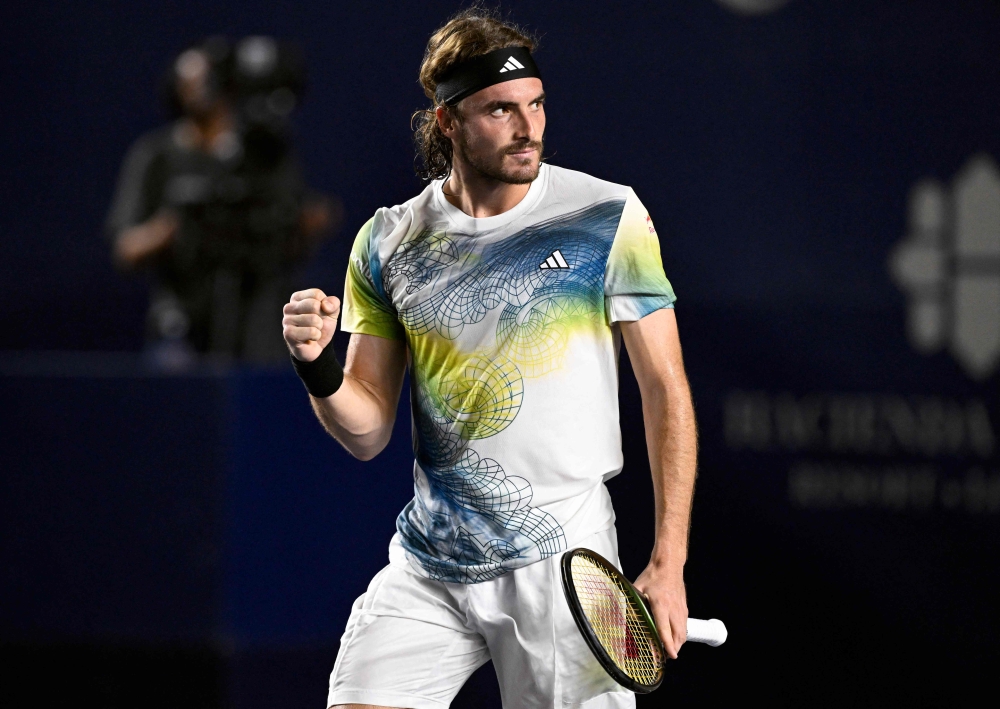 Greece's Stefanos Tsitsipas celebrates his victory during the Mexico ATP Open 250 men's singles tennis match against to Croatia's Borna Coric at the Cabo Sports Complex in Los Cabos, Baja California, Mexico on August 4, 2023. Photo by ALFREDO ESTRELLA / AFP
