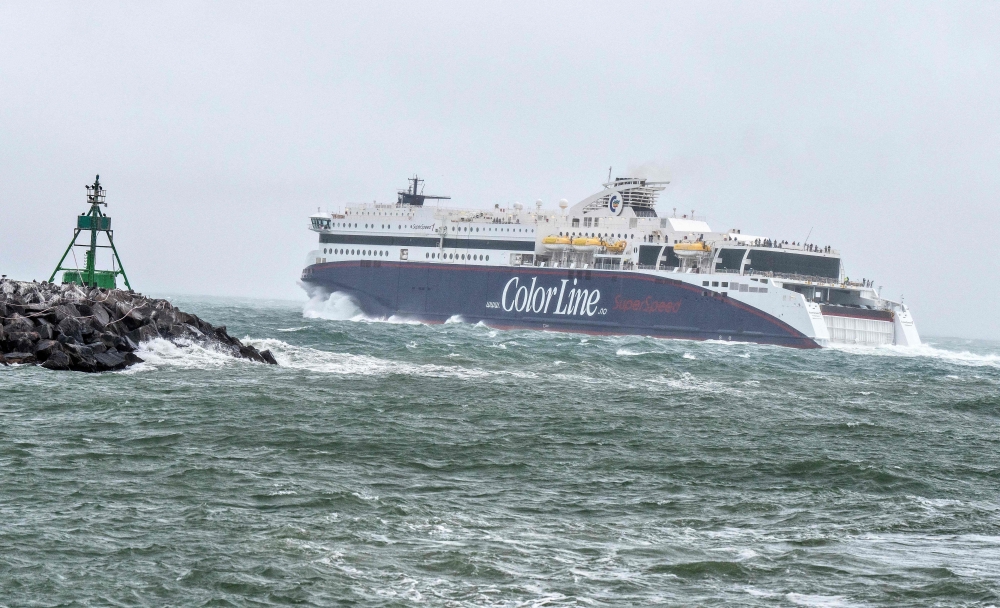 The Norwegian Superspeed 1 ferry of Color Line departs on bad weather conditions from Hirtshals, Denmark, on August 7, 2023. (Photo by Henning Bagger / Ritzau Scanpix / AFP) 