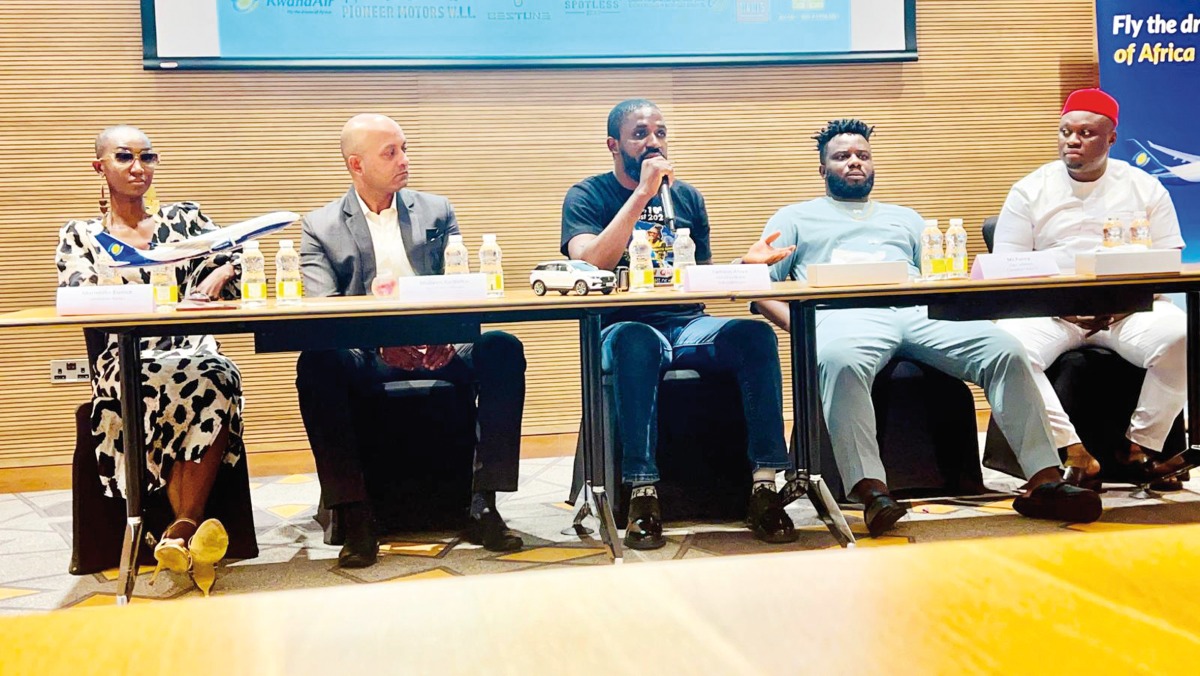 From left: Comic Mammito Eunice; RwandAir’s Country Manager, Qatar, Mubeen Karbelkar; General Manager of Oryx Group Entertainment, Famous Aluya; and comics Mr. Funny and MC Bob during a press conference in Doha yesterday. Pic: Ayeni Olusegun/ The Peninsula