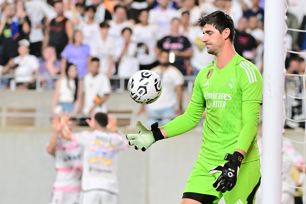 Thibaut Courtois #1 of Real Madrid reacts after giving up a goal to Dušan Vlahović (not pictured) of Juventus in stoppage time during the pre-season friendly match at Camping World Stadium on August 02, 2023 in Orlando, Florida. Julio Aguilar/Getty Images/AFP