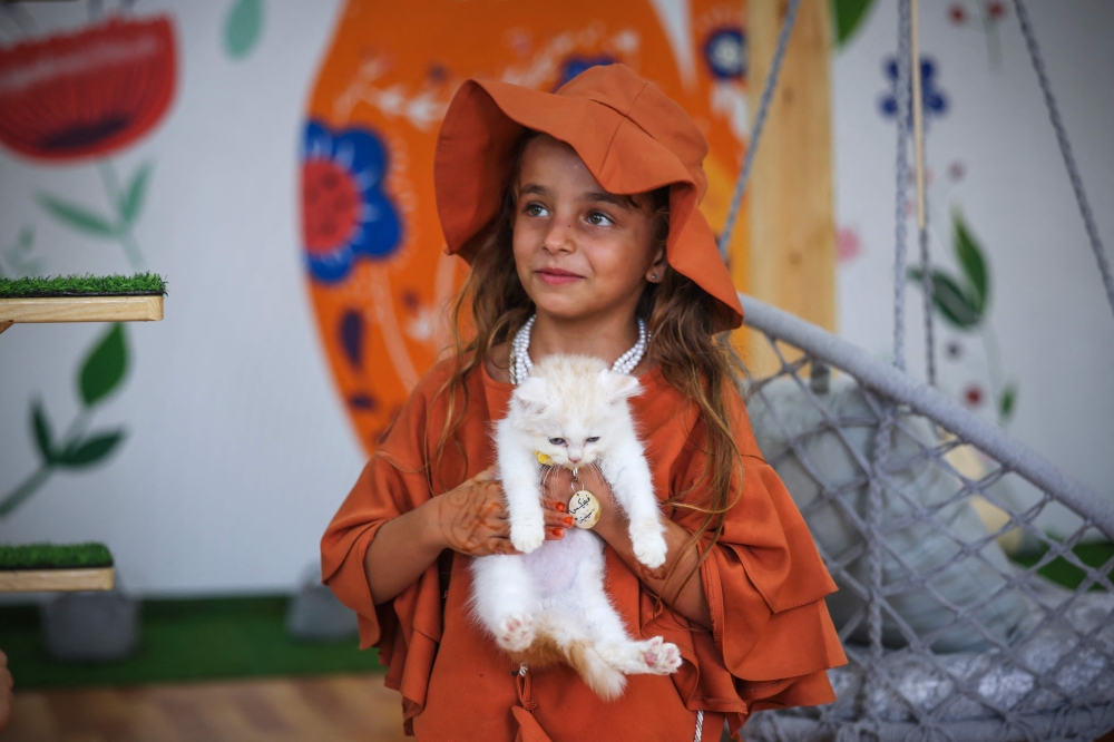 A girl holds a feline at the newly inaugurated Cat Cafe in Gaza City on August 17, 2023. (Photo by Mohammed Abed / AFP)