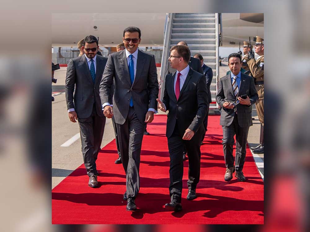 The Amir HH Sheikh Tamim bin Hamad Al Thani upon his arrival in Budapest on an official visit to Hungary.