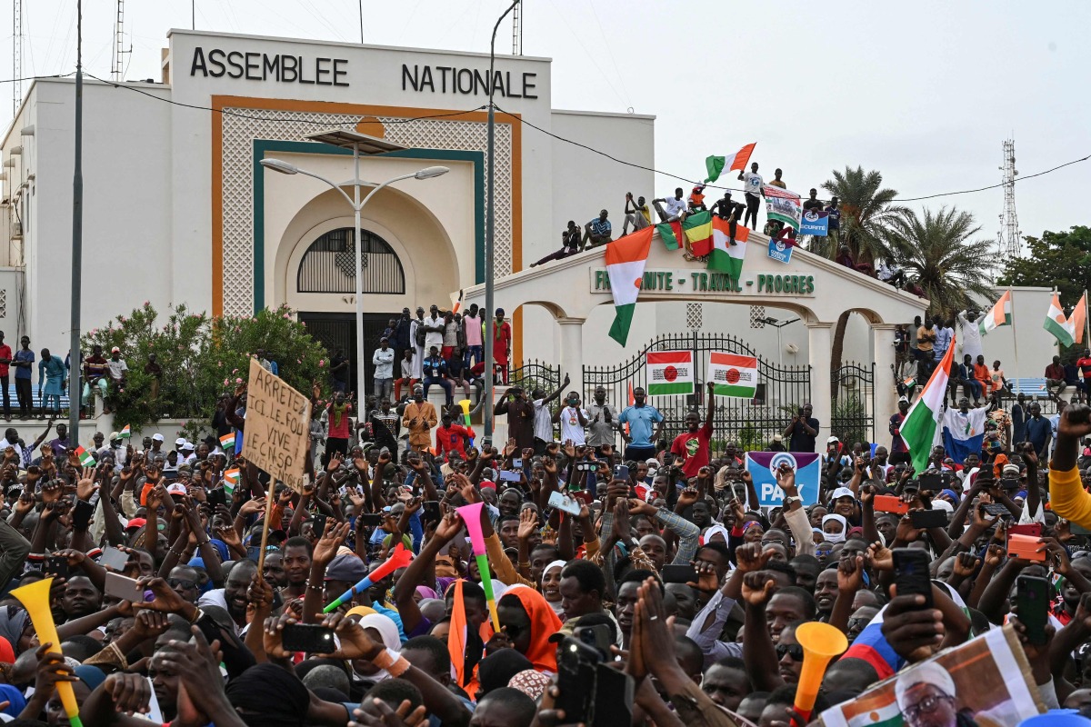 Supporters of Niger's National Concil of Sefeguard of the Homeland (CNSP) gather at Place de la Concertation in Niamey on August 20, 2023. (Photo by AFP)