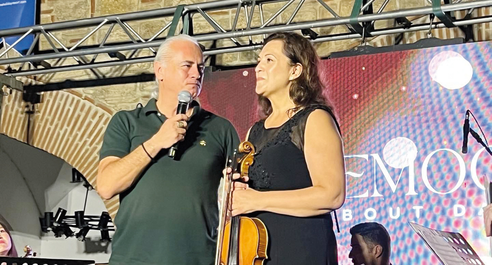 Levent Köylü, Chairman of the Kuşadası Golden Pigeon Culture, Art, and Promotion Foundation (left) and Merve Kenet Bulun, Founder and Artistic Director of the CineMoon Ensemble (right) after the first concert of the Ensemble in Kuşadası, Turkiye.