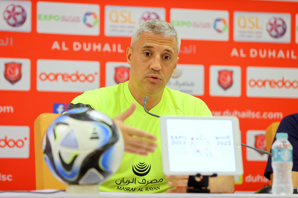 Al Duhail coach Hernan Crespo speaks during a press conference, yesterday.