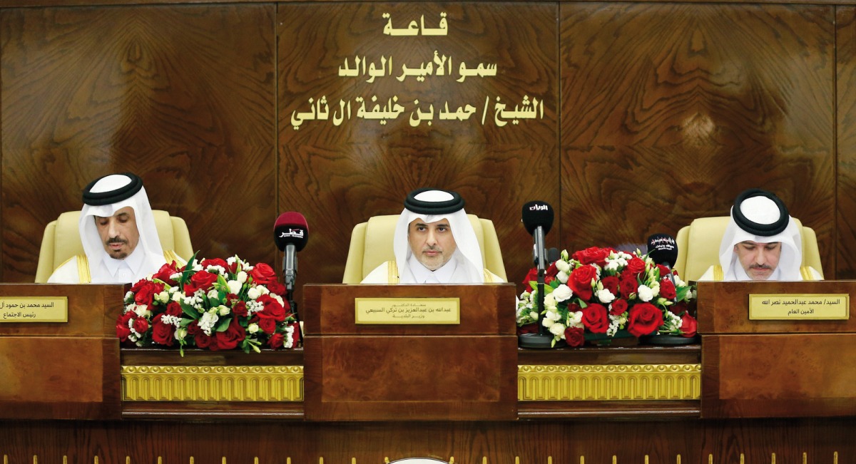 Minister of Municipality H E Dr. Abdullah bin Abdulaziz bin Turki Al Subaie (center) CMC Secretary General Muhammad Abdul Hamid Nasrallah (right) and Head of the opening session Muhammad bin Hamoud Shafi Al Shafi during the inauguration of 7th term of Central Municipal Council yesterday. Pic: Rajan Vadakkemuriyil
