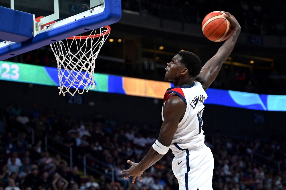 USA Anthony Edwards shoots during the FIBA Basketball World Cup group C match between USA and Jordan at Mall of Asia Arena in Pasay, Metro Manila on August 30, 2023. Photo by JAM STA ROSA / AFP