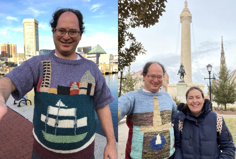 From left: Sam Barsky wears a sweater he knitted depicting the Baltimore Inner Harbor; and Sam Barsky stands with his wife, Deborah, in front of Baltimore's Washington Monument. Photos courtesy of Sam Barsky