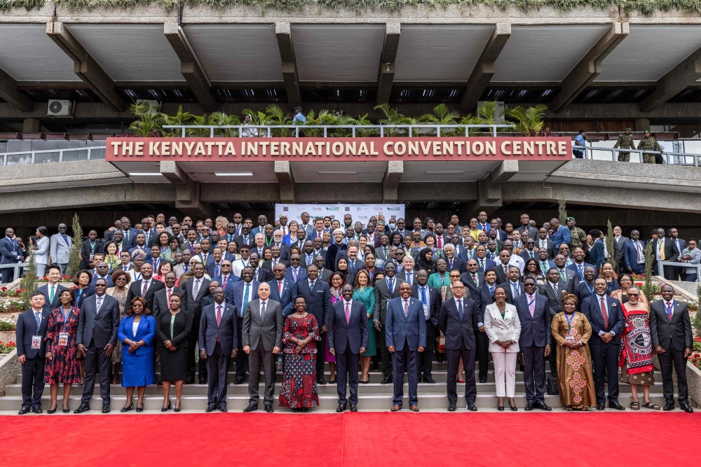 Kenyan President William Ruto (1st row C) and leaders and delegates pose for a family photo during the Africa Climate Summit 2023 at the Kenyatta International Convention Centre (KICC) in Nairobi on September 4, 2023. (Photo by Luis Tato / AFP)
 