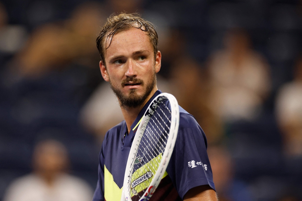 Daniil Medvedev of Russia reacts against Alex de Minaur of Australia at the USTA Billie Jean King National Tennis Center on September 04, 2023. Sarah Stier/Getty Images/AFP 