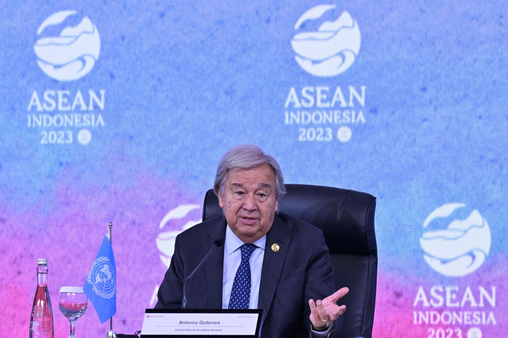 United Nations Secretary General Antonio Guterres speaks during a press conference during the 43rd ASEAN Summit in Jakarta on September 7, 2023. (Photo by Adek Berry / AFP)