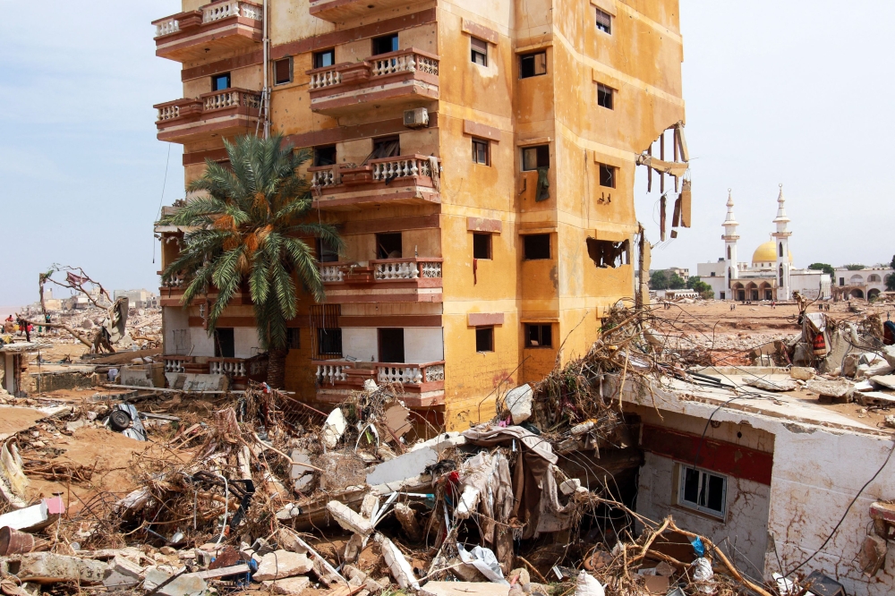 An area damaged by flash floods is pictured in Derna, eastern Libya, on September 11, 2023.(Photo by AFP)