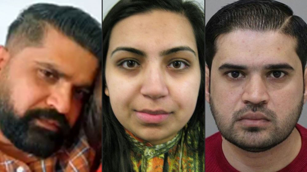(COMBO) This combination of pictures created on September 13, 2023 shows undated handout photos released by Surrey Police in London on September 6, 2023, of Urfan Sharif (L), Beinash Batool, and Faisal Malik. Urfan Sharif, the British-Pakistani father of 10-year-old Sara Sharif, who was found dead at her home in England last month, was on a plane back to the UK with his partner Beinash Batool and brother Faisal Malik, Pakistan police said on September 13, 2023, after the trio went on the run for weeks. (Photo by Surrey Police / AFP)