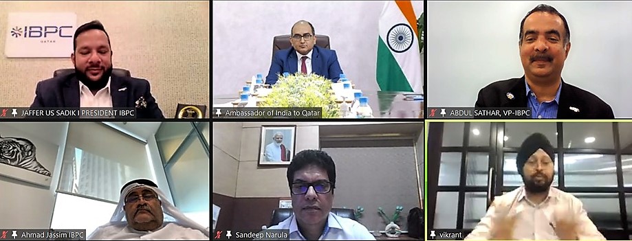 Ambassador of India to Qatar H E Vipul with other officials during the virtual business meet.