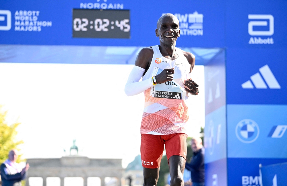 Kenya's Eliud Kipchoge smiles asfter crossing the finish line to win the men's race of the Berlin Marathon on September 24, 2023 in Berlin, Germany. (Photo by Tobias SCHWARZ / AFP)